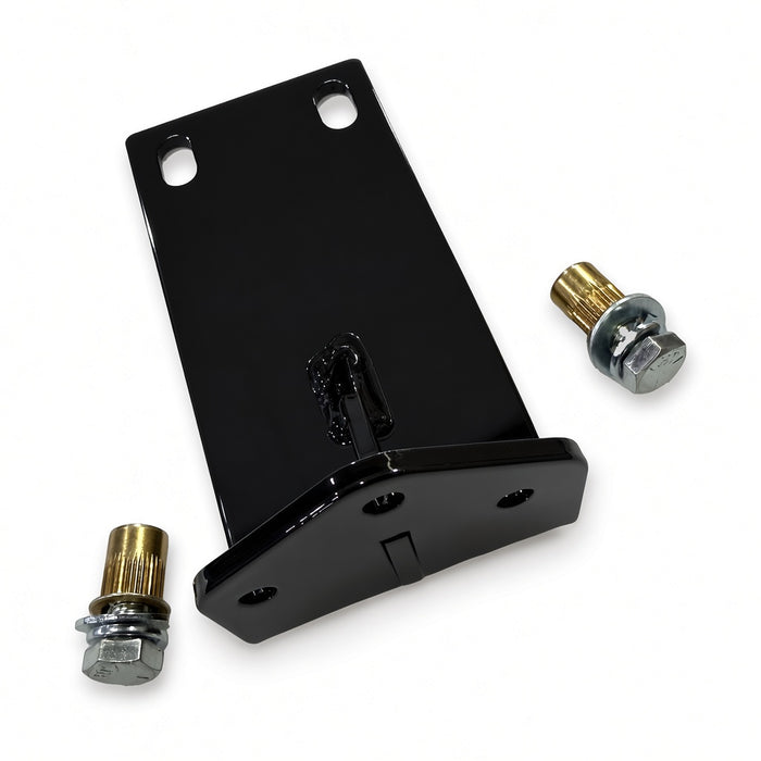 Gloss black oil relocation bracket for 1961-1969 Lincoln Continental with two 3/8 inch rivnuts, bolts and washers